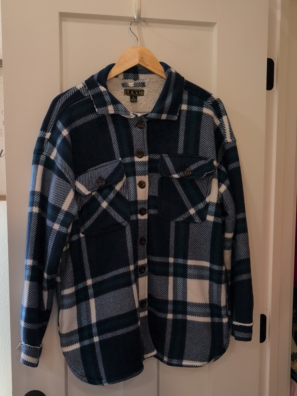 Plaid Button-Up Shacket Jacket -Turquoise, Navy & White